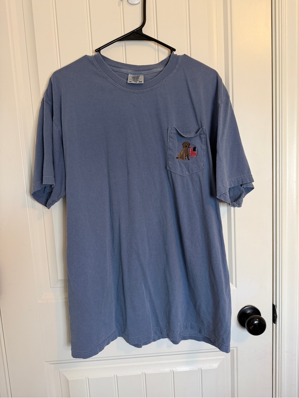 Little Mama Shirt Shop Pocket Tee with Embroidered Dog with Flag - Dusty Blue